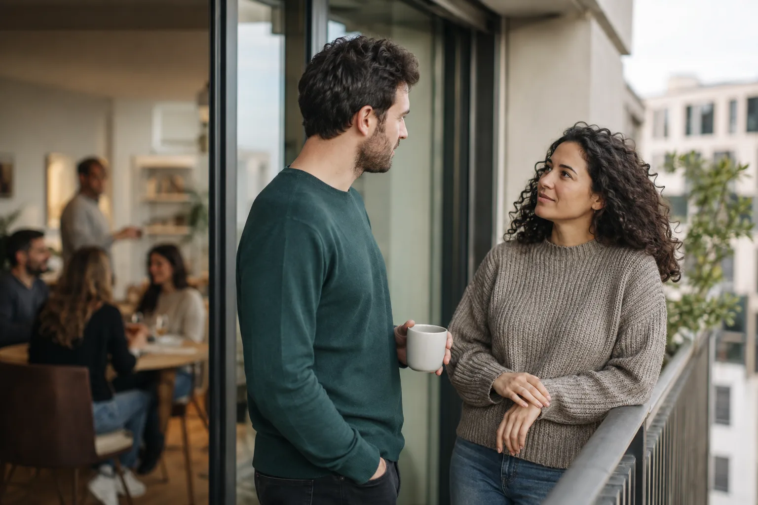 A couple talking privately on a balcony beside a softly blurred indoor gathering