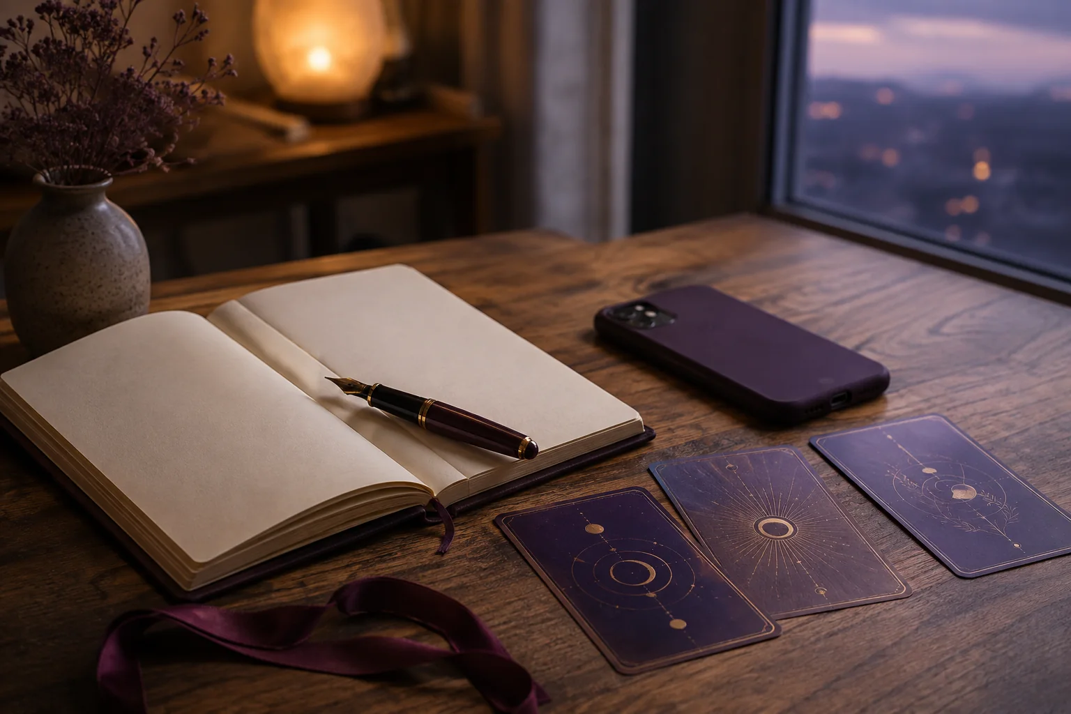 An open journal, face-down phone, and three cards on a wooden table at dusk