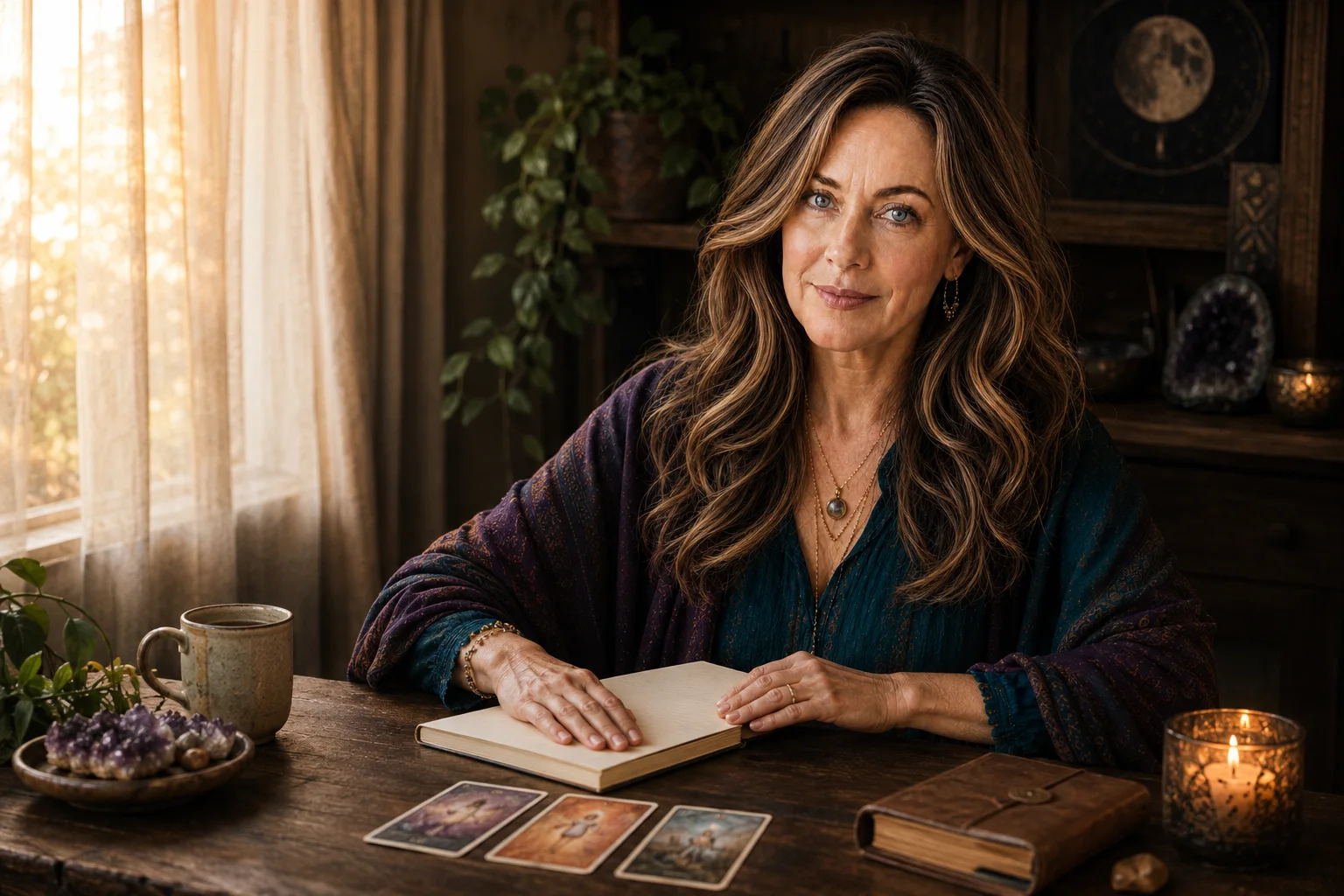 Maria resting her hands on a journal beside three tarot cards in her softly lit reading room