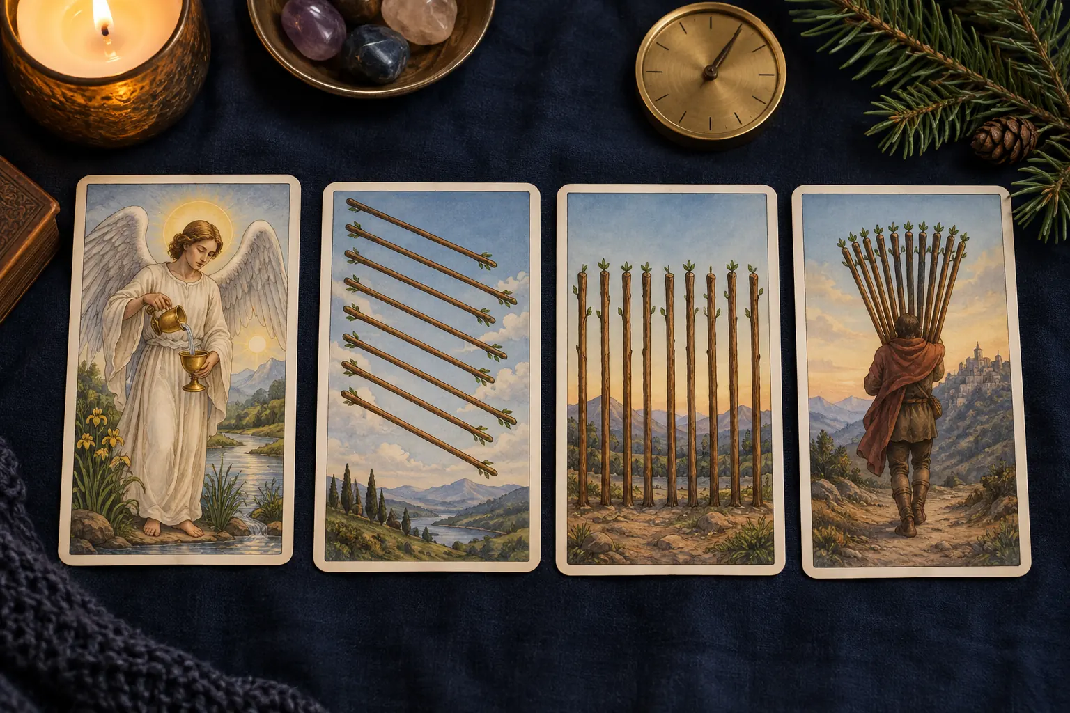 The Temperance tarot card standing upright beside three Wands cards laid in a row on a dark blue cloth, with a small brass astrolabe-style dial
