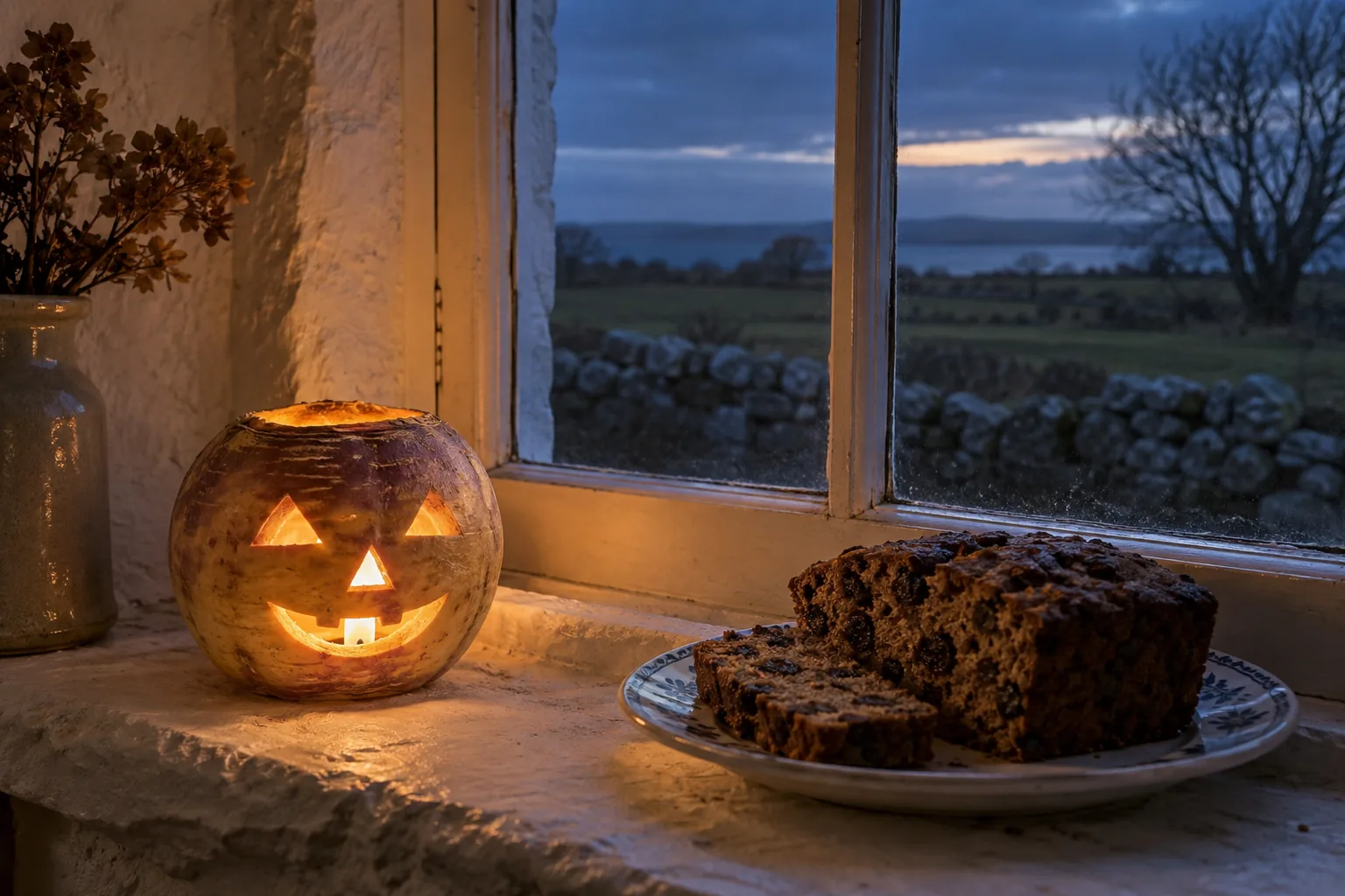A carved turnip lantern glowing on a cottage windowsill at dusk, with a sliced fruit loaf on a plate beside it