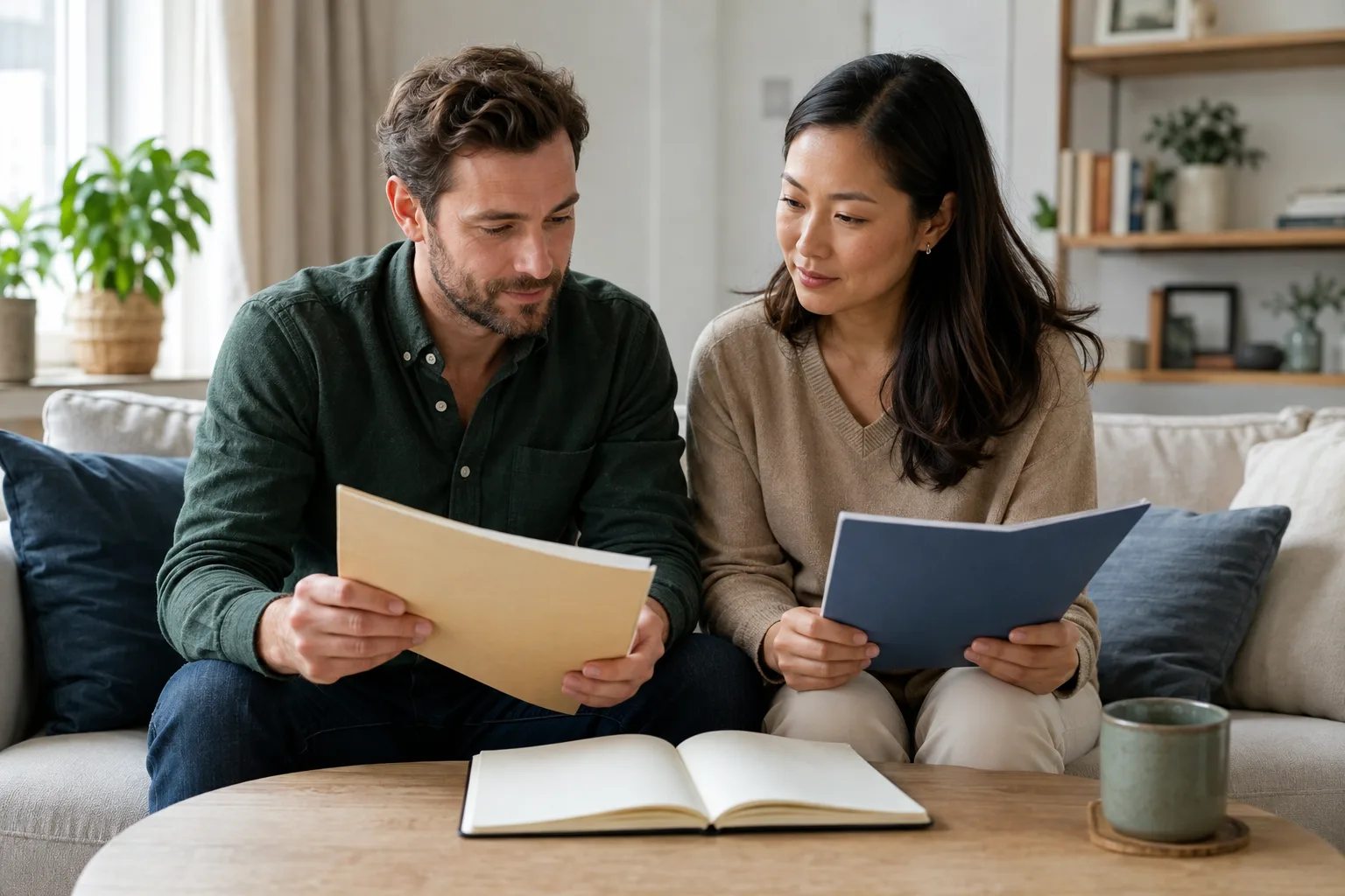 An engaged couple compares two separate folders with one shared notebook