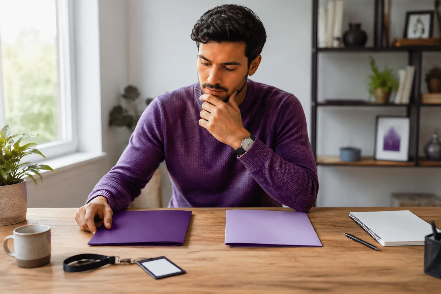 A professional thoughtfully compares two job-offer folders at a home desk