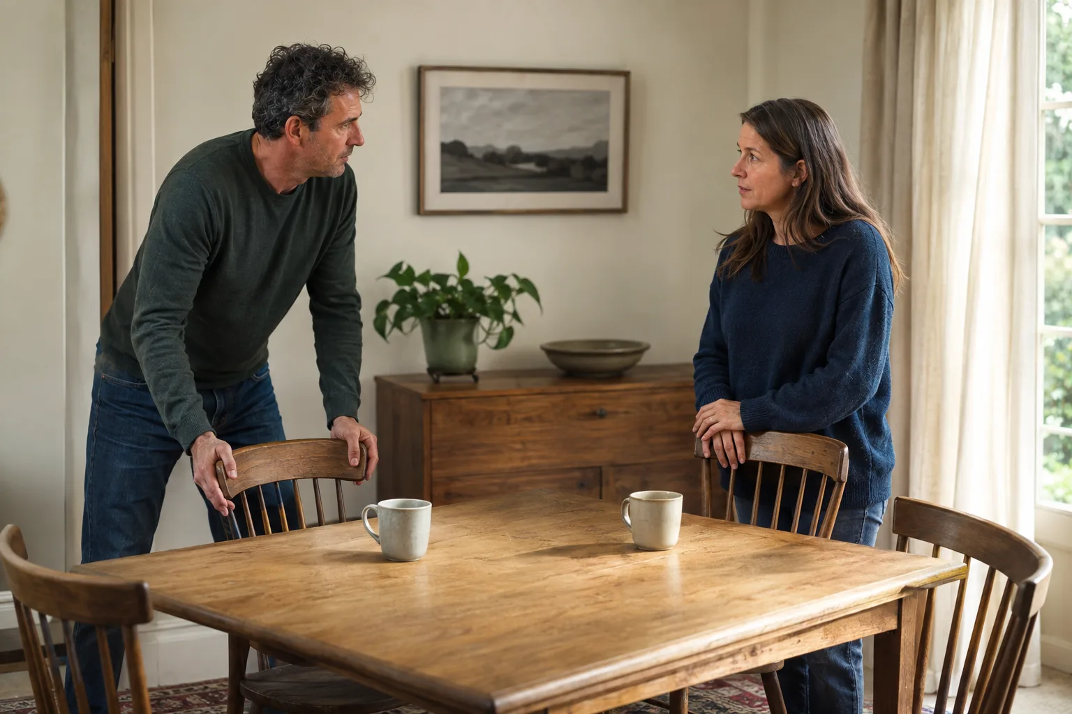 A couple makes a careful first repair attempt over tea after an argument