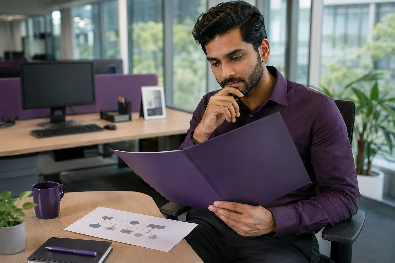 An employee studies an internal opportunity folder beside a simple organizational path