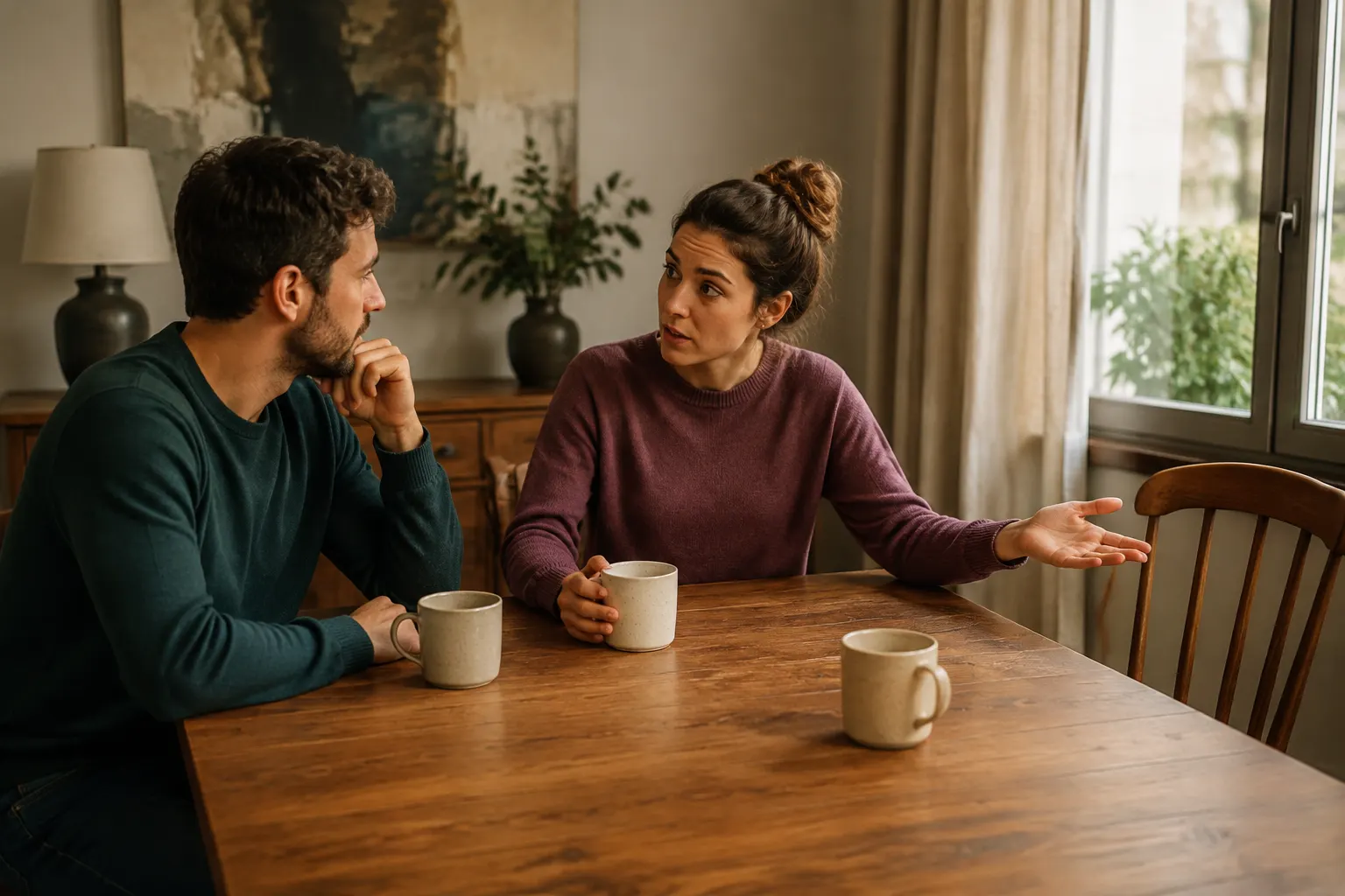 Couple discussing a partner's best friend beside an empty chair and third mug