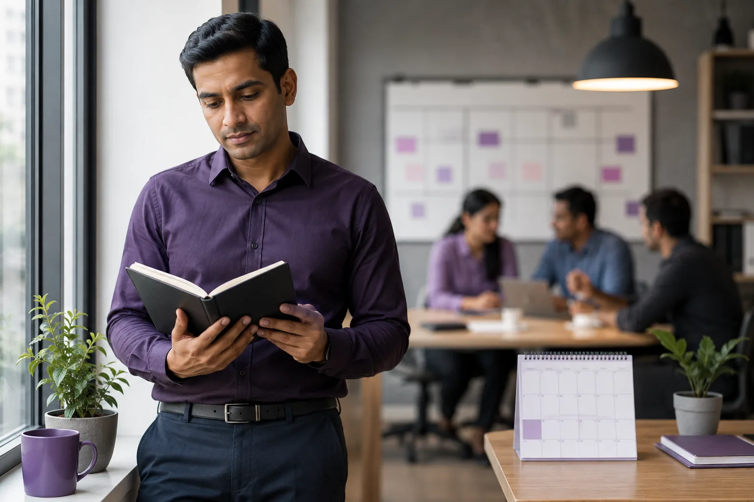 A professional reflects on a leadership notebook while a team collaborates nearby