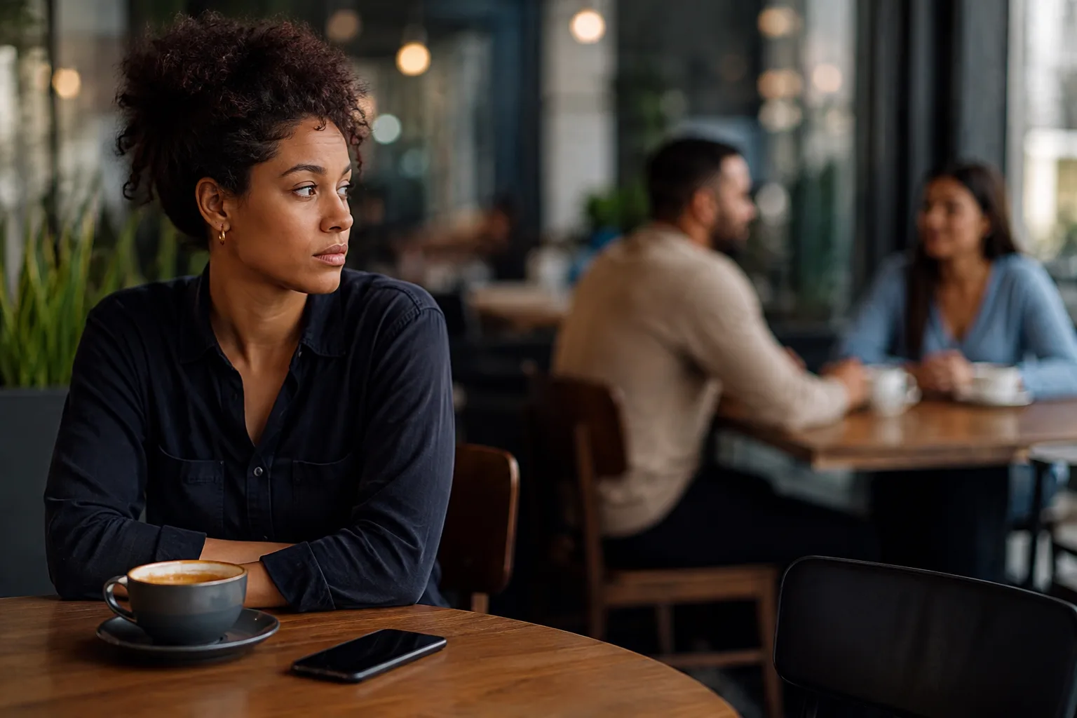 A woman at a cafe leaves her phone untouched after noticing an ex with someone new