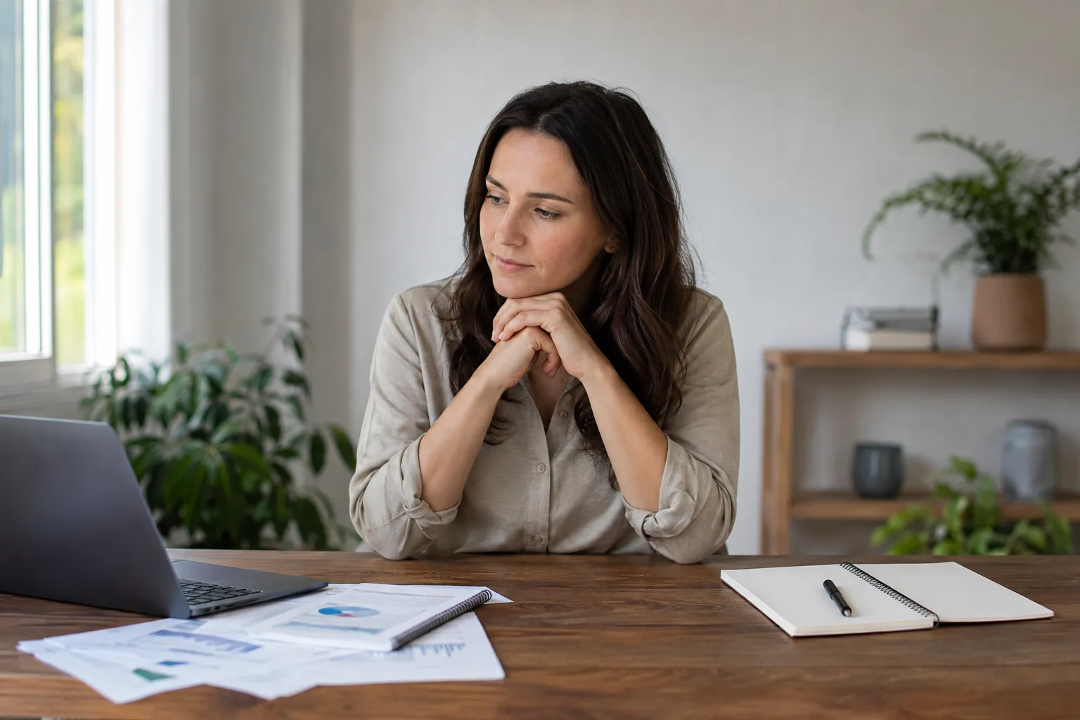 A professional woman compares present work materials with a blank course notebook while considering a career change