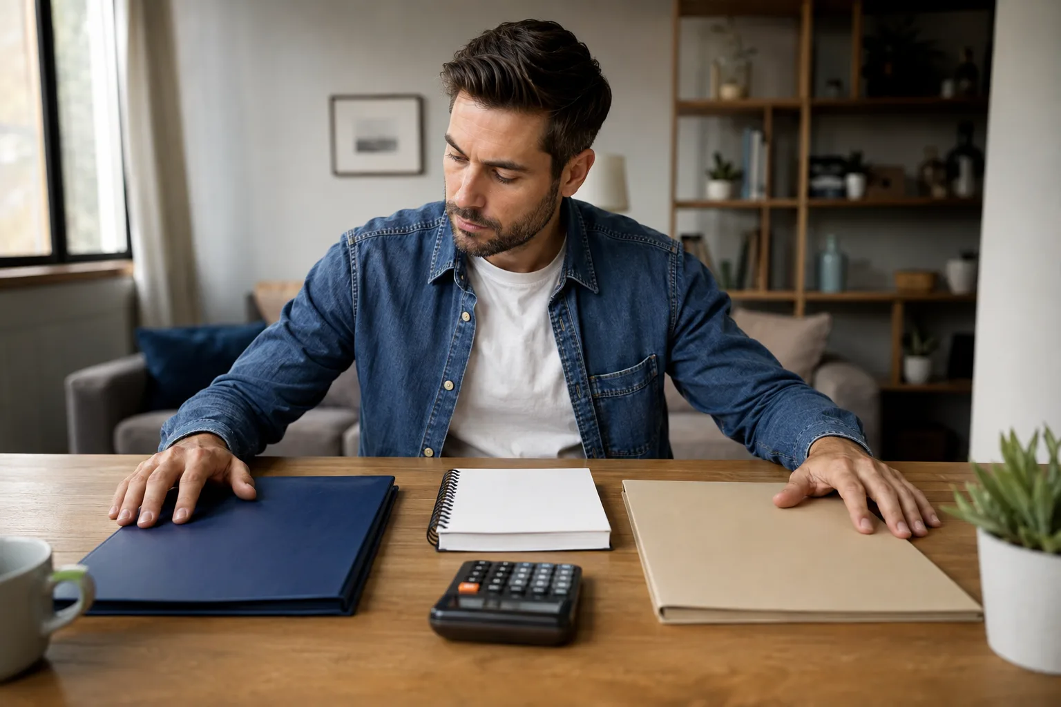 A professional compares two job-offer folders placed on opposite sides of a desk