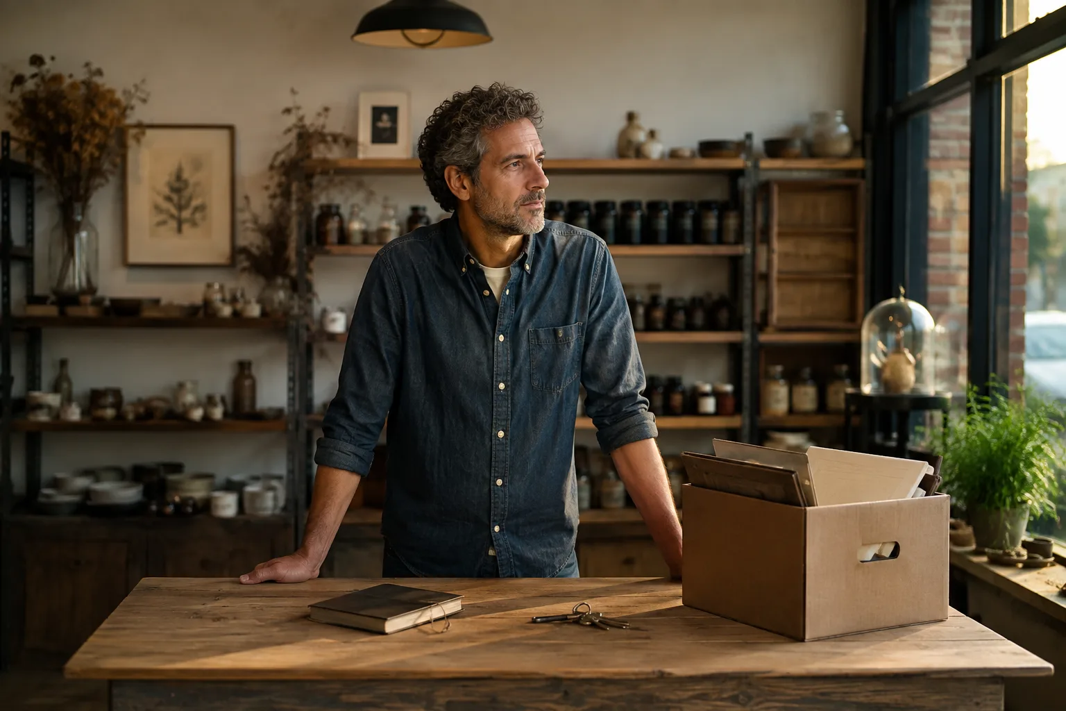 A small-business owner reflects beside shop keys, a closed ledger and an archive box