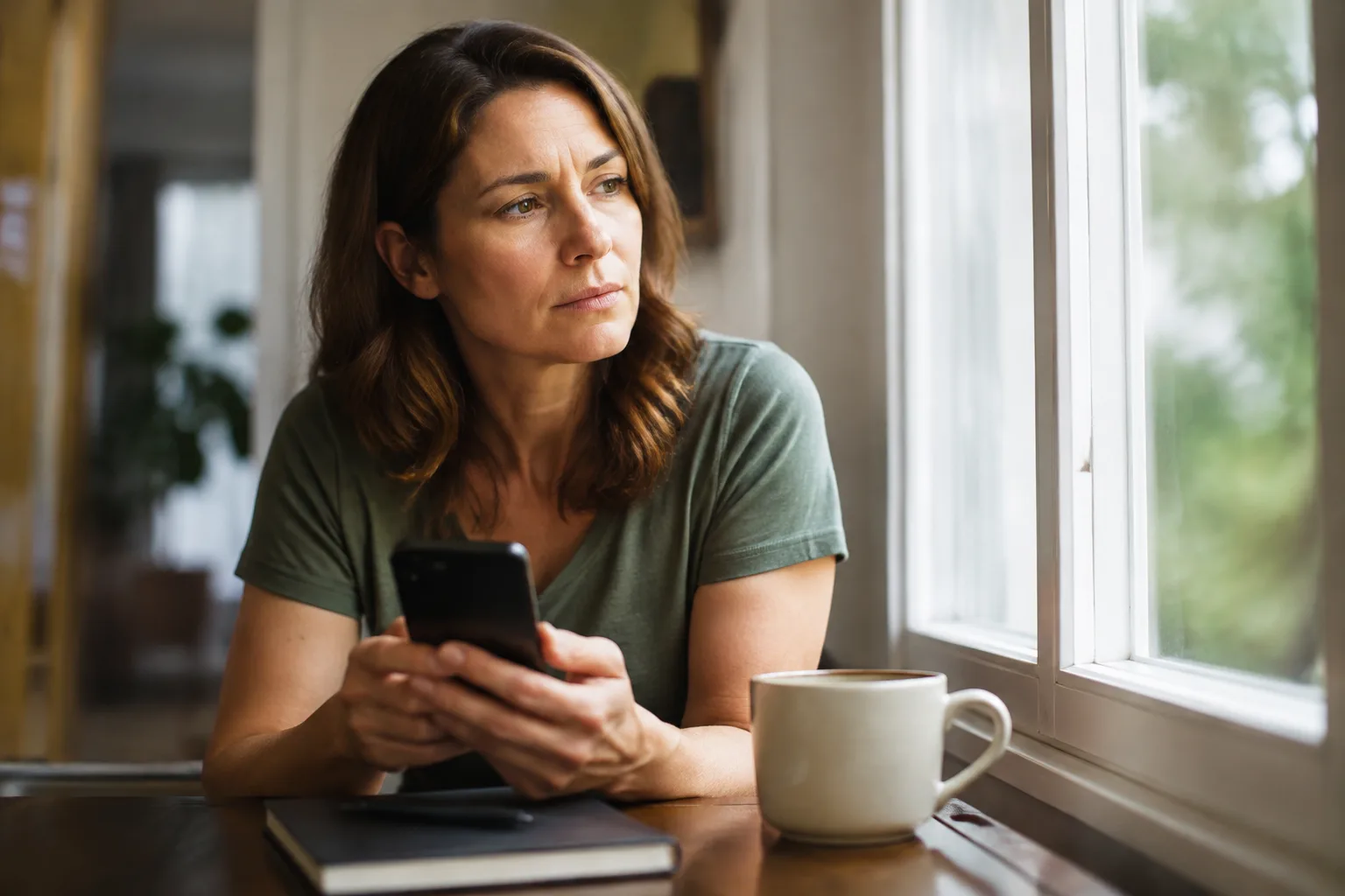 A woman pauses thoughtfully with her phone beside a bright window during marital separation