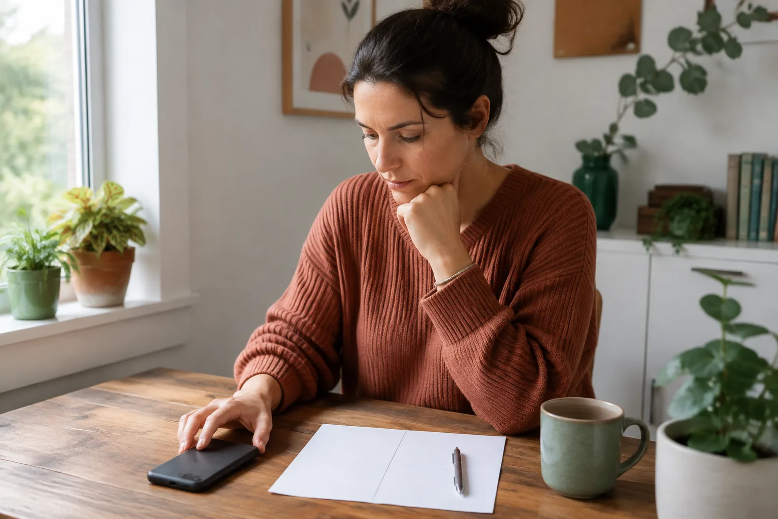 A woman pauses before deciding whether to send a message about her partner's affair