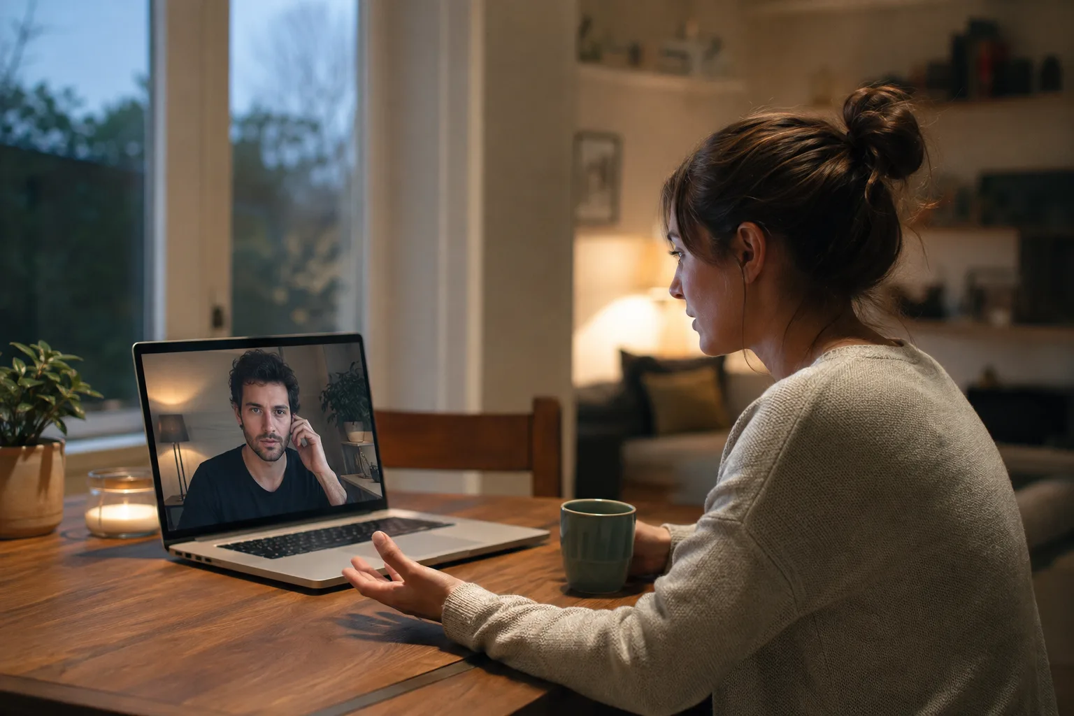 Long-distance partners have a calm serious video conversation about whether their relationship should end