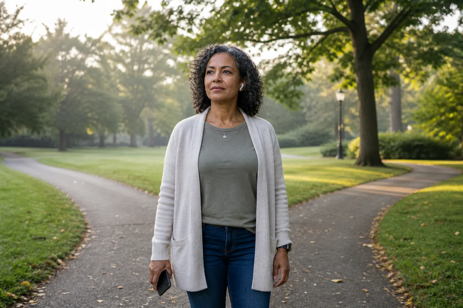 Woman pauses calmly where a park path divides into two directions