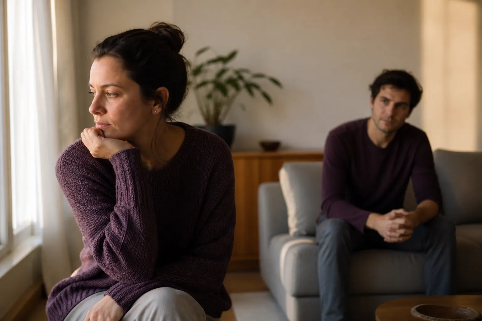 Adult reflecting before answering a partner who has apologized