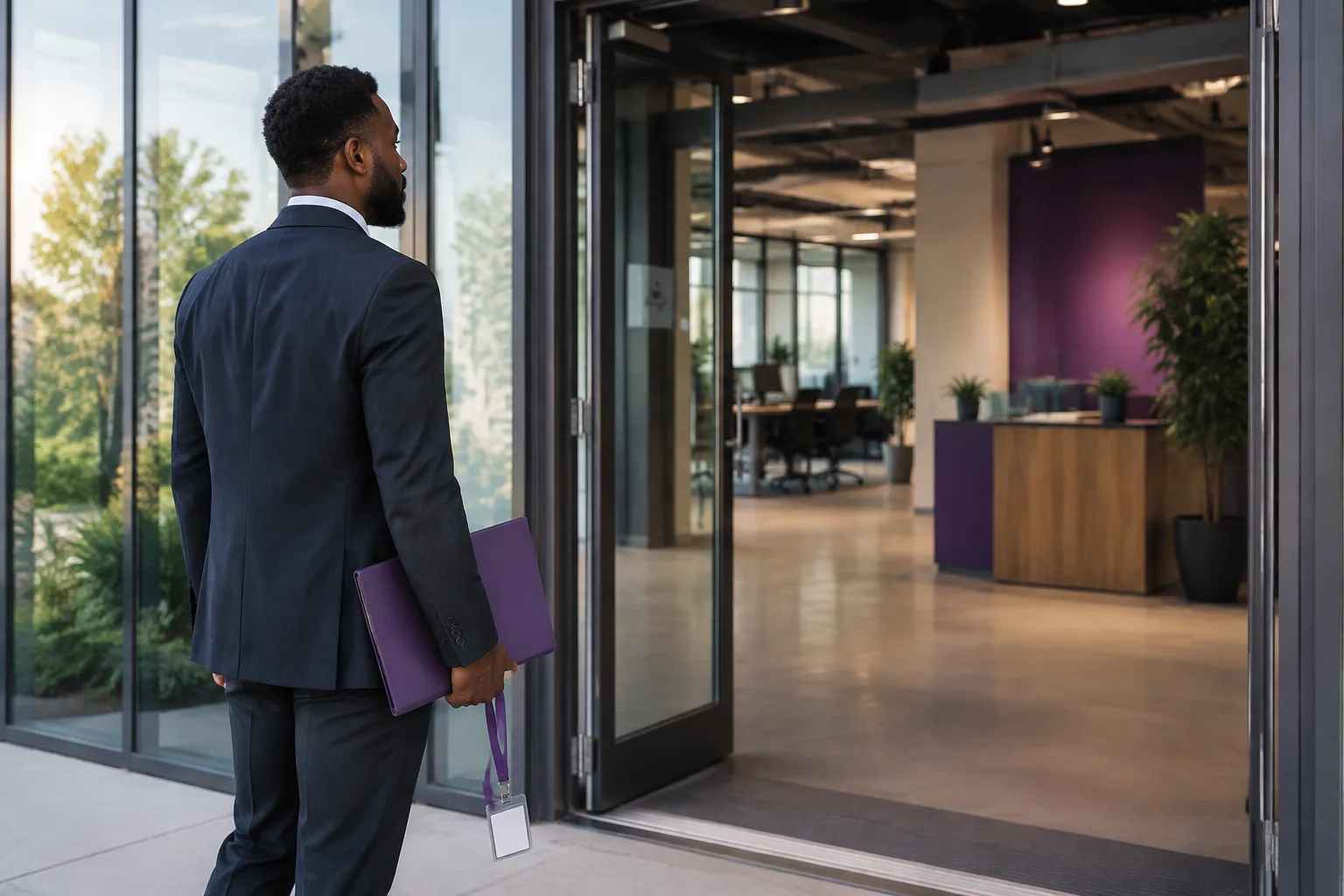 A professional pauses at the open entrance of a familiar office while holding a job-offer folder
