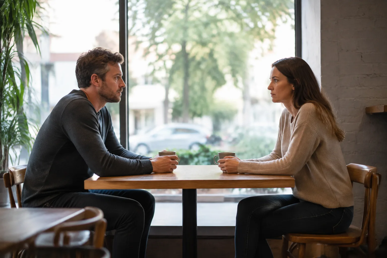 Two adults listening to each other across a small cafe table