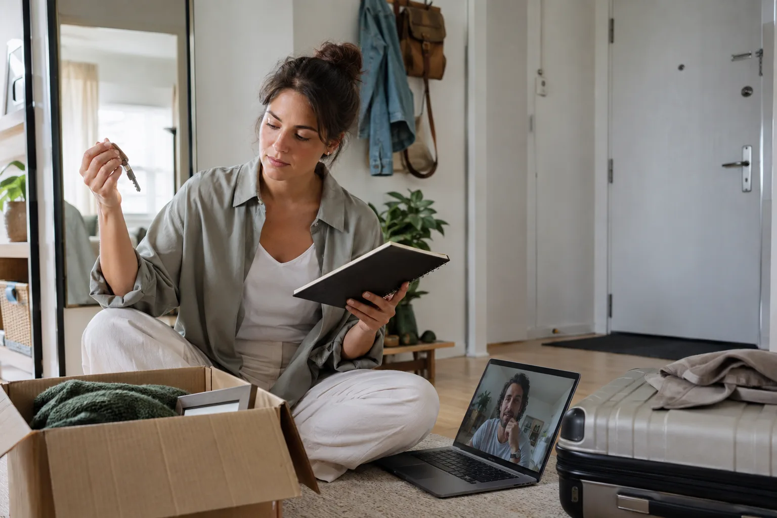 A woman weighs a house key and moving plans while speaking with her long-distance partner by video
