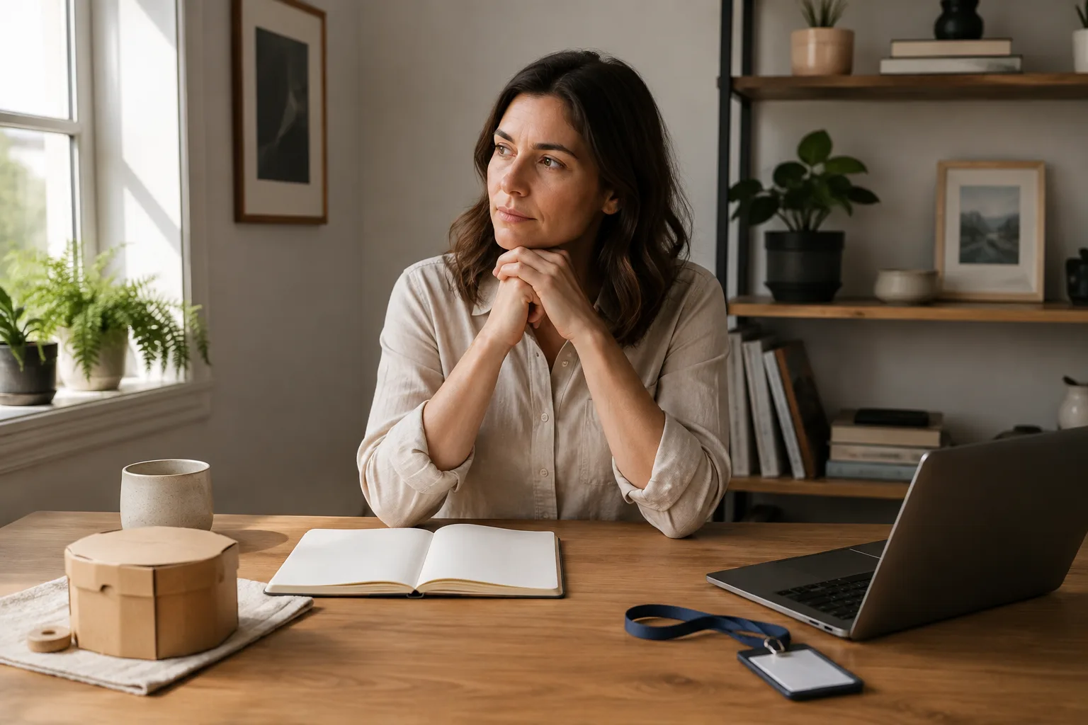 A professional weighs a salaried job against a small-business plan at a home-office table