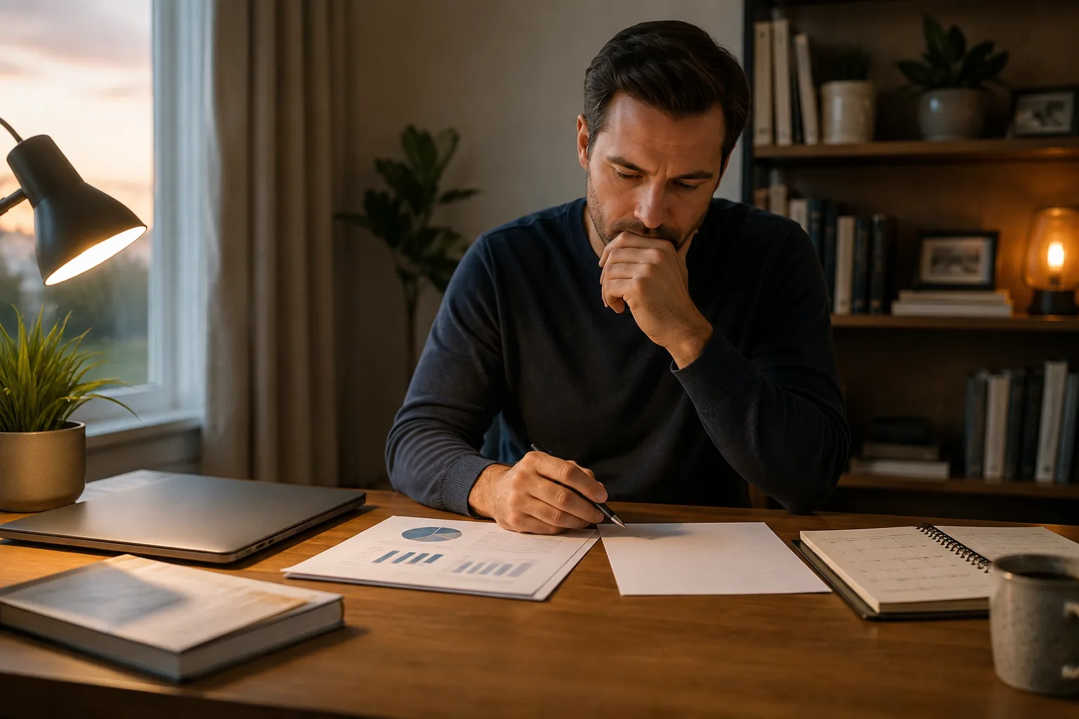 A professional reviews a budget, blank resignation letter and calendar at a quiet home desk