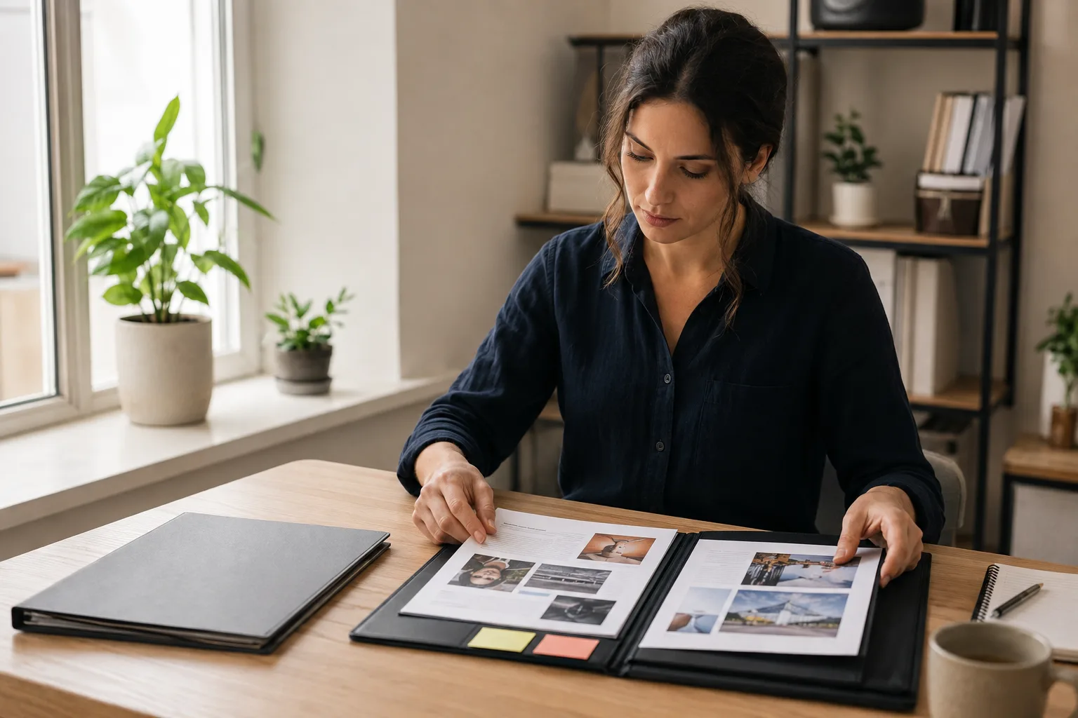 A job seeker prepares a stronger portfolio beside a closed folder from an earlier application