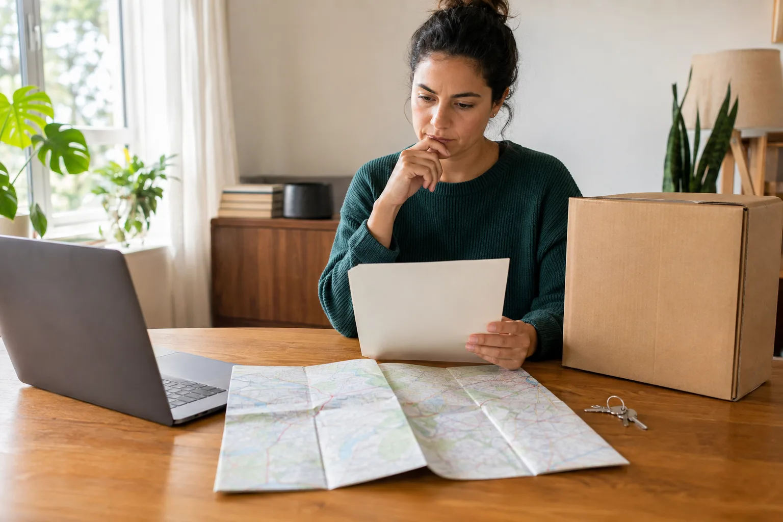 A professional considers a job offer beside a map, packed box and city skyline