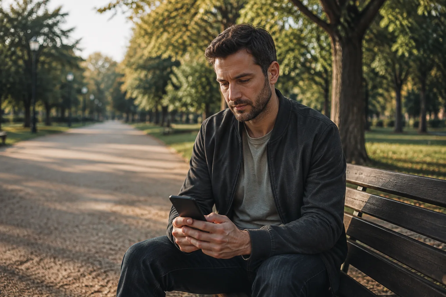 A man considers whether to reply to a message while seated on a park bench