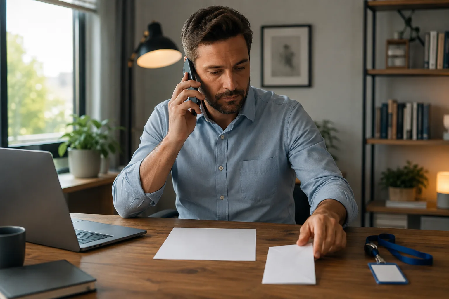 A professional considers an unsigned offer sheet before touching a closed resignation envelope