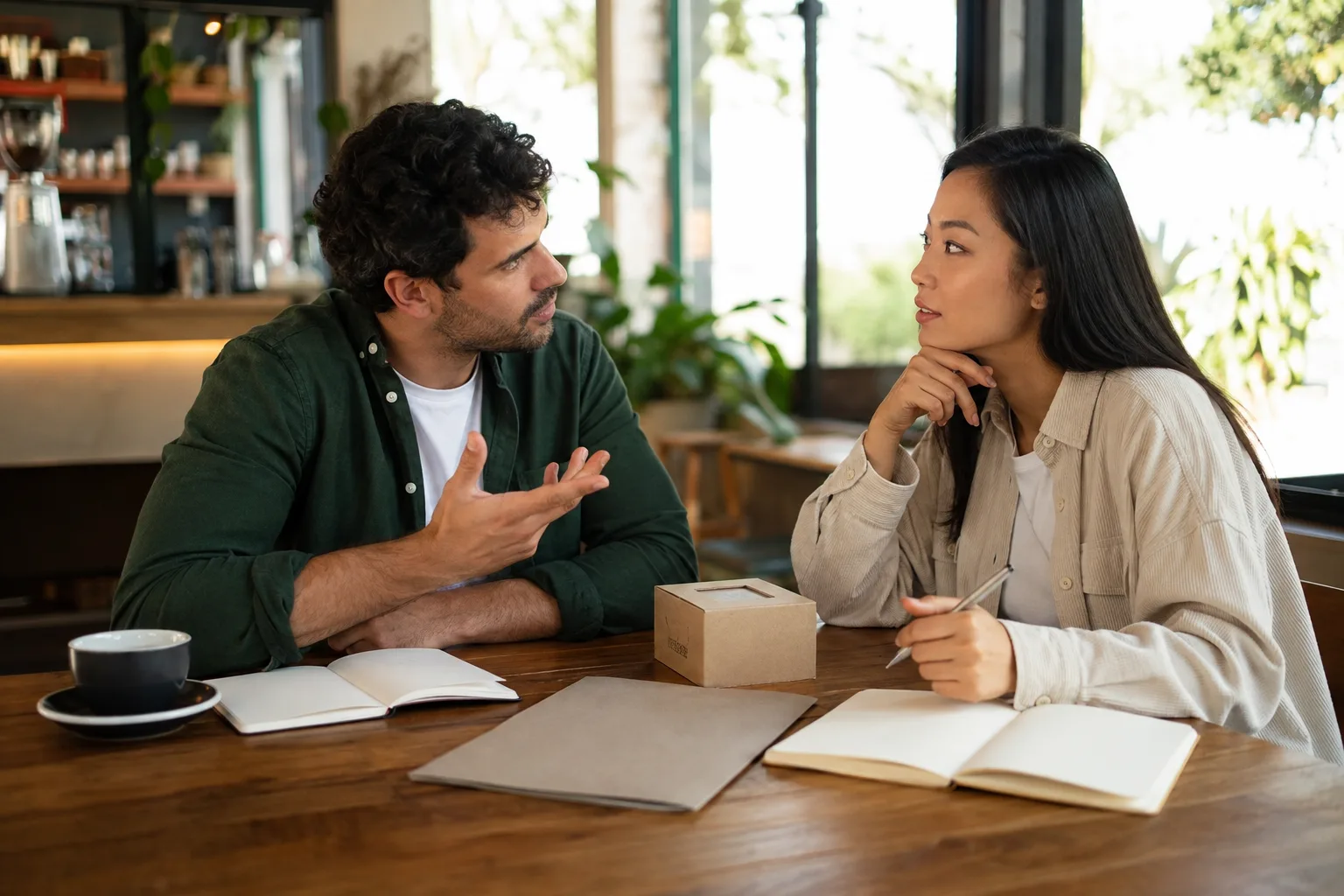 Two friends discuss separate roles and a shared small-business idea across a café table