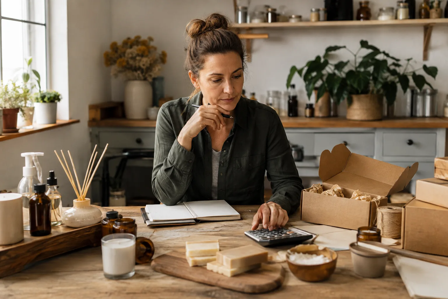 A woman reviews a blank business notebook, product samples and startup costs at a home workspace
