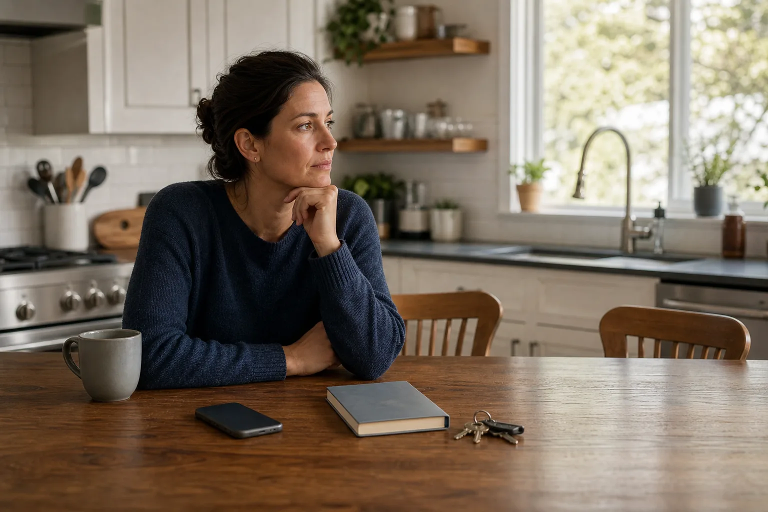 A woman considers her relationship future at a kitchen table with keys and a closed notebook