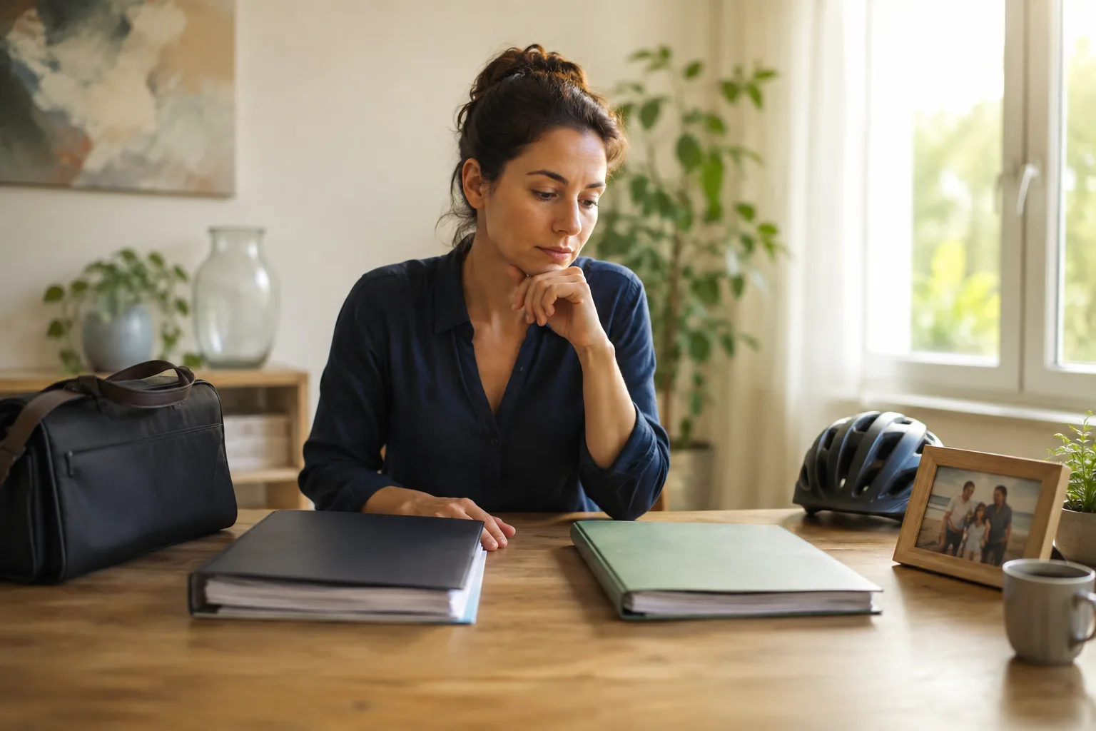 A professional compares a higher-paid commute with a lower-paid flexible role at a home table