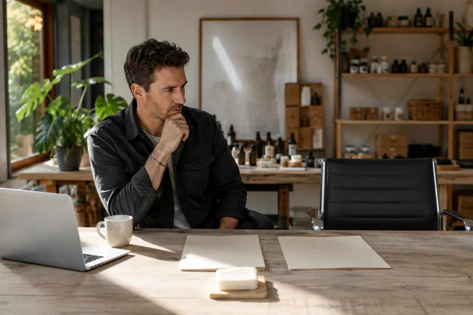 A business owner considers an empty partner chair beside two role folders in a working studio