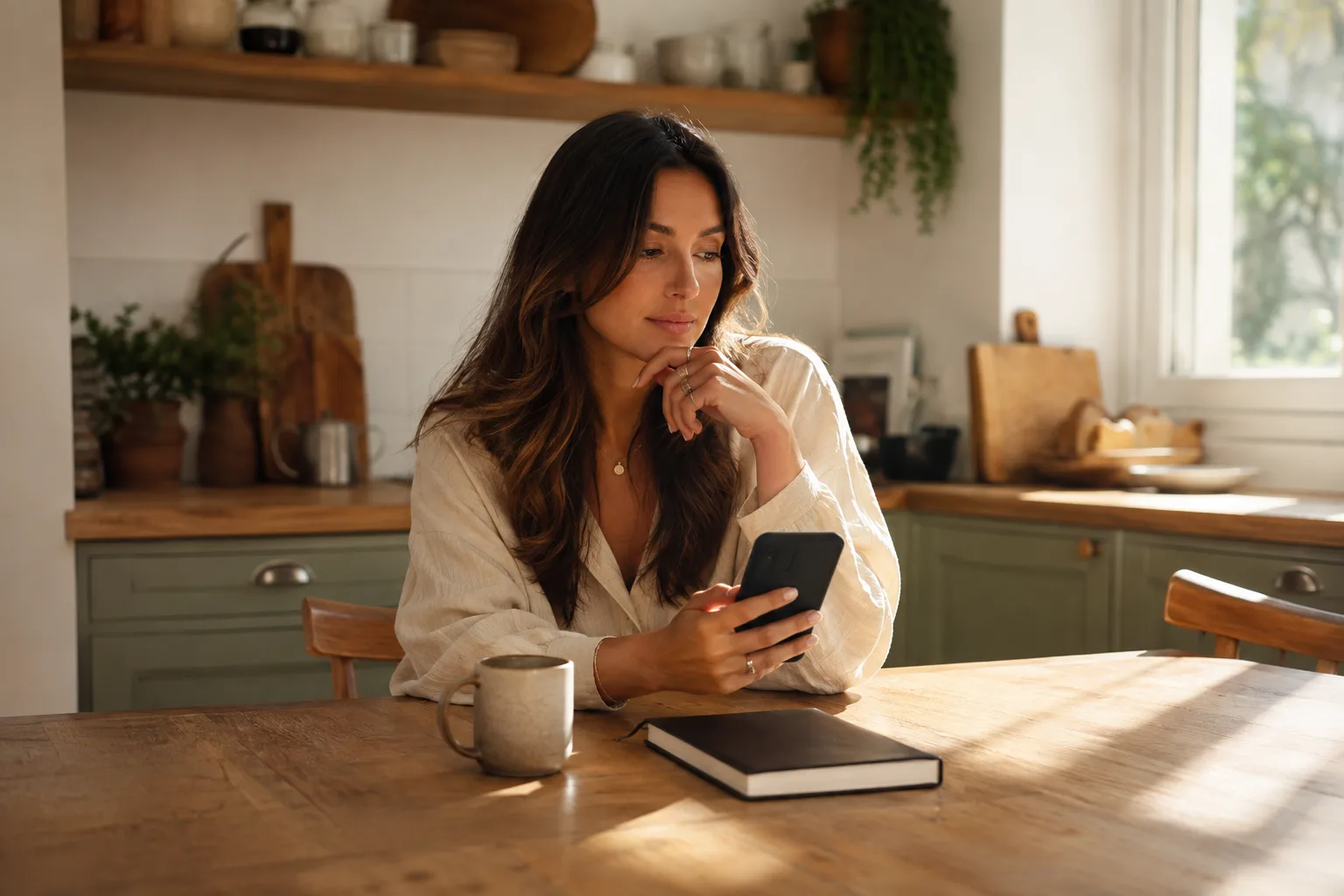 A woman pauses before texting while seated at a sunlit kitchen table
