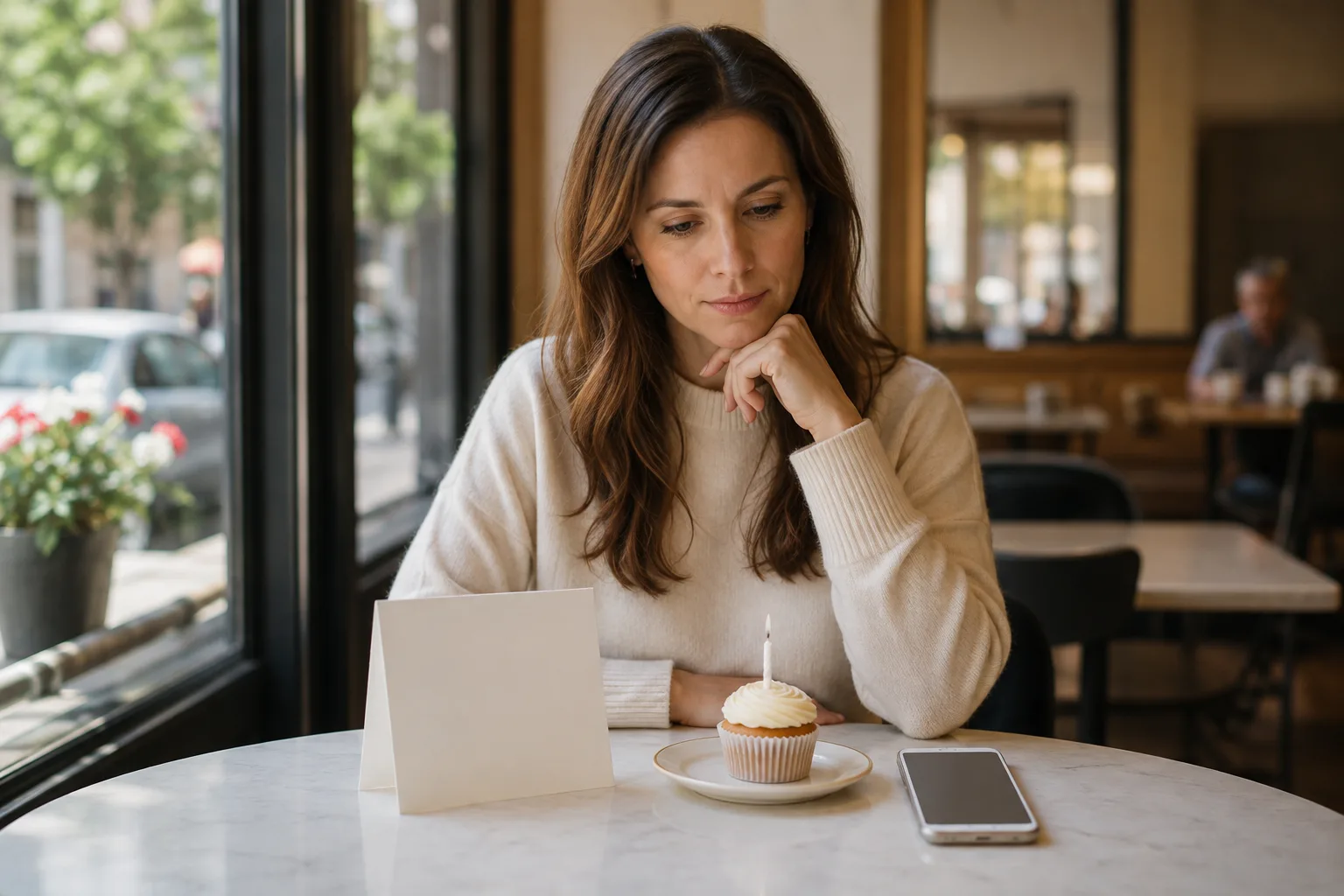 A woman considers a birthday message beside a blank card and cupcake at a cafe