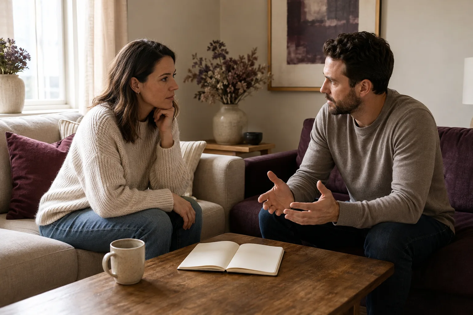 A couple calmly defines the terms of a relationship break in a notebook