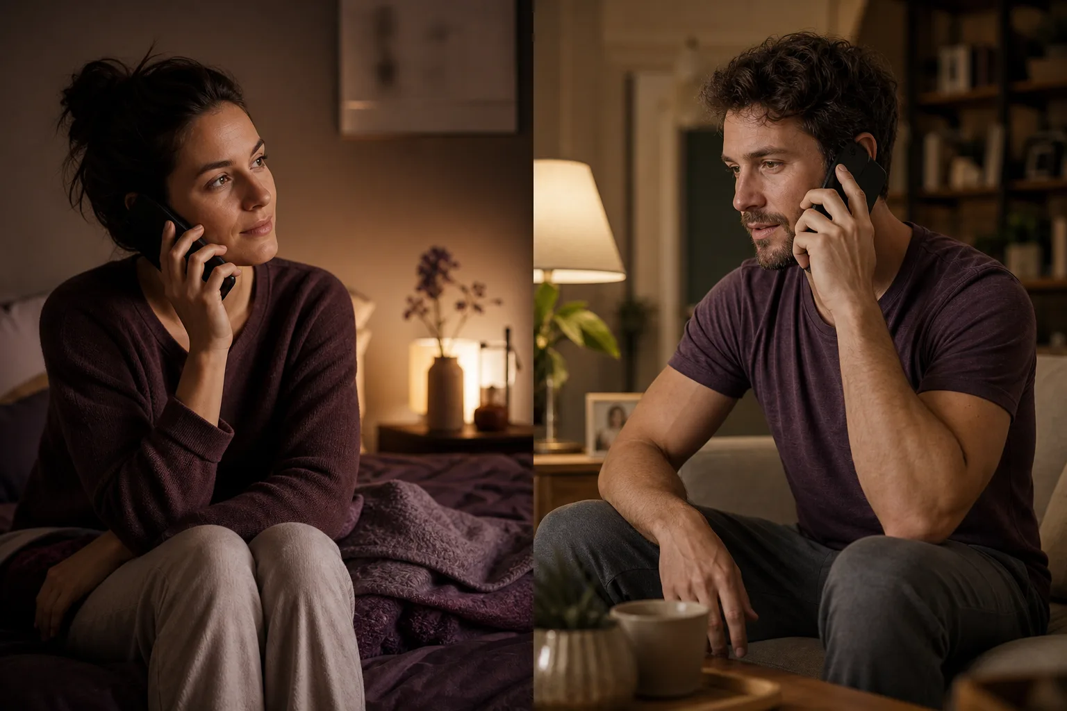 Two partners have an agreed phone conversation while spending a relationship break apart