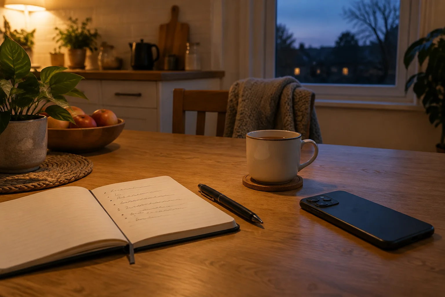 A phone lying face down on a wooden table beside a notebook with a handwritten list and a pen, in soft evening lamp light