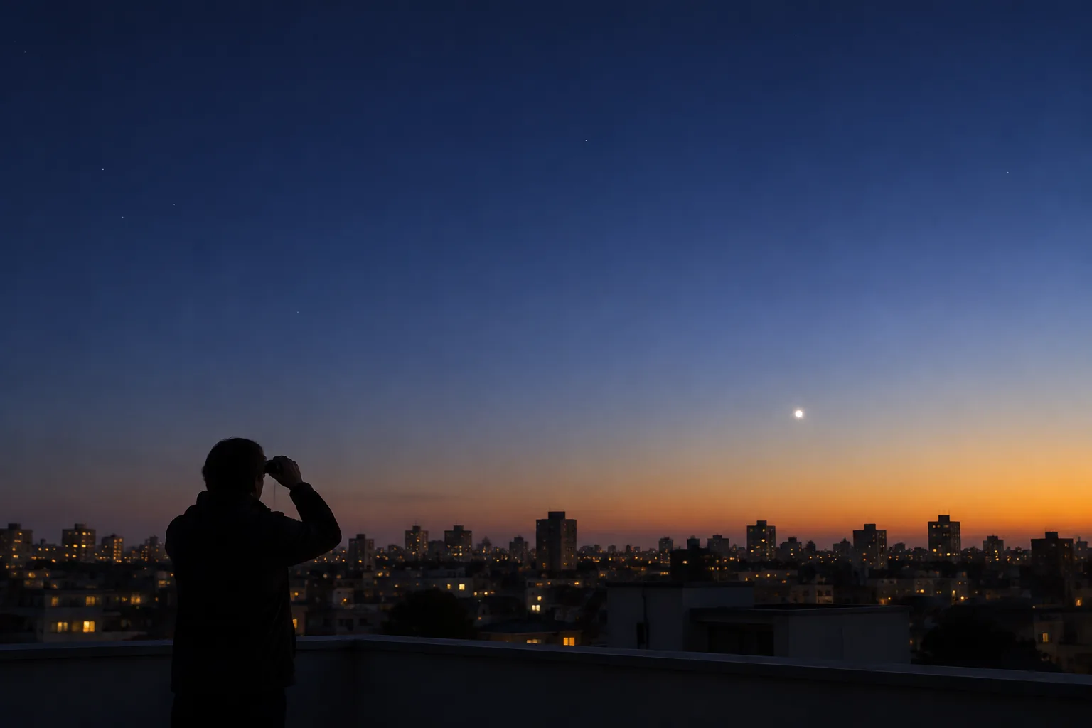 Venus as a bright point low in a pre-dawn sky over a city skyline, with the horizon starting to glow