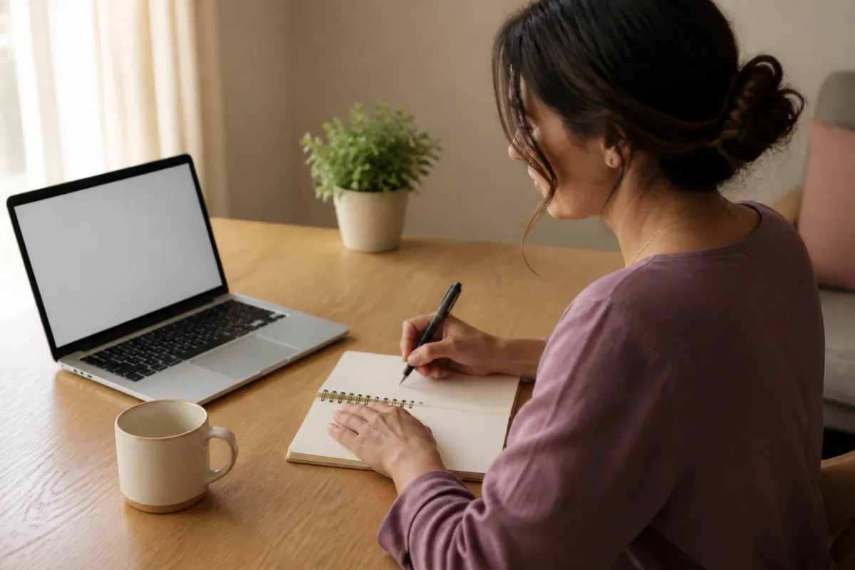 Woman writing personal questions in a notebook beside a blank laptop screen at a tidy table