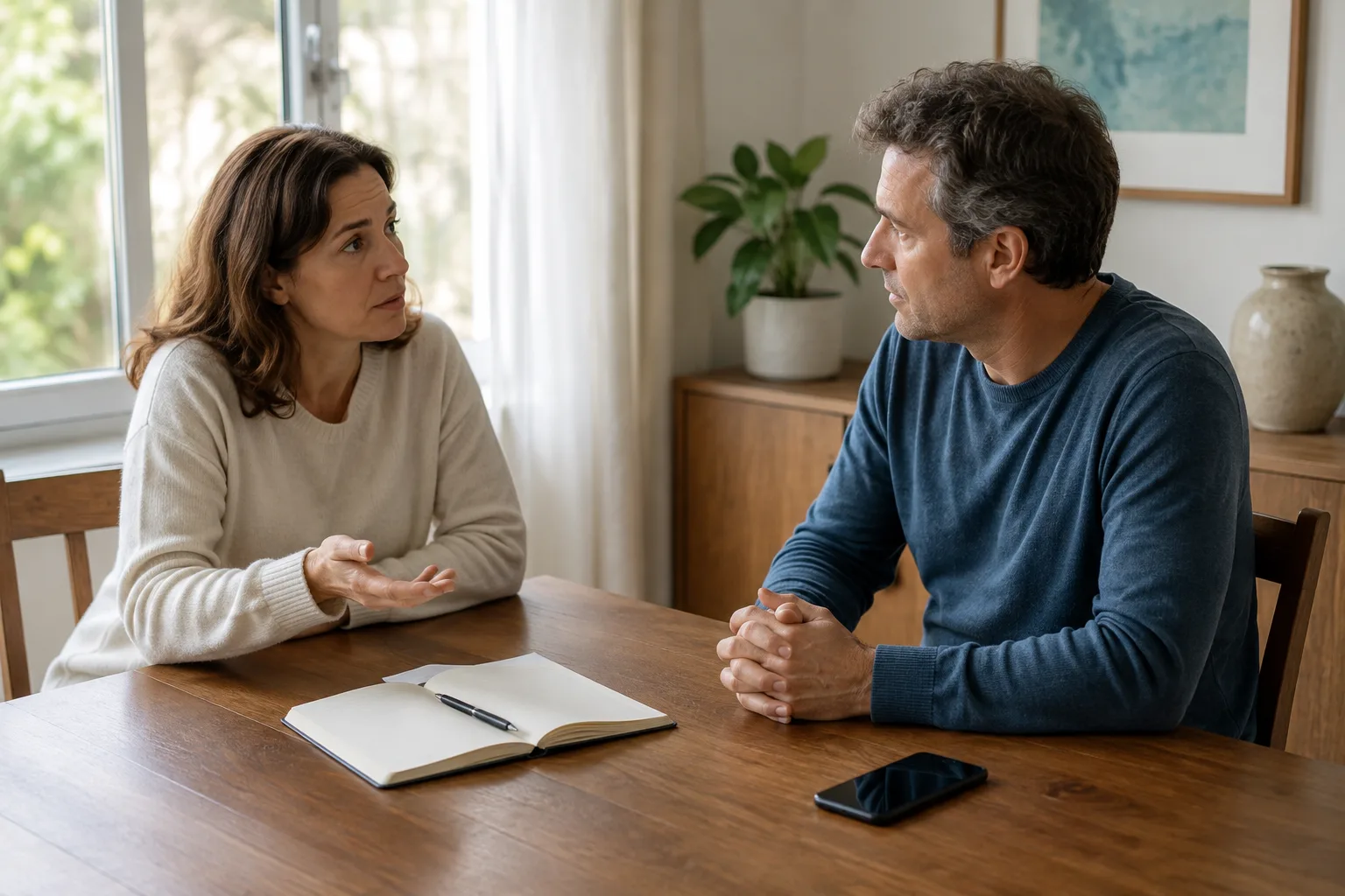 A couple uses a blank notebook to guide a careful conversation after infidelity