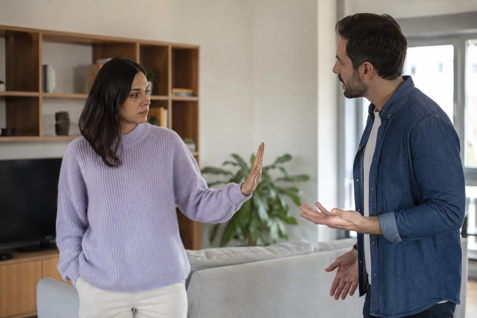 A woman calmly signals that she needs a pause while her partner continues a serious conversation from a distance
