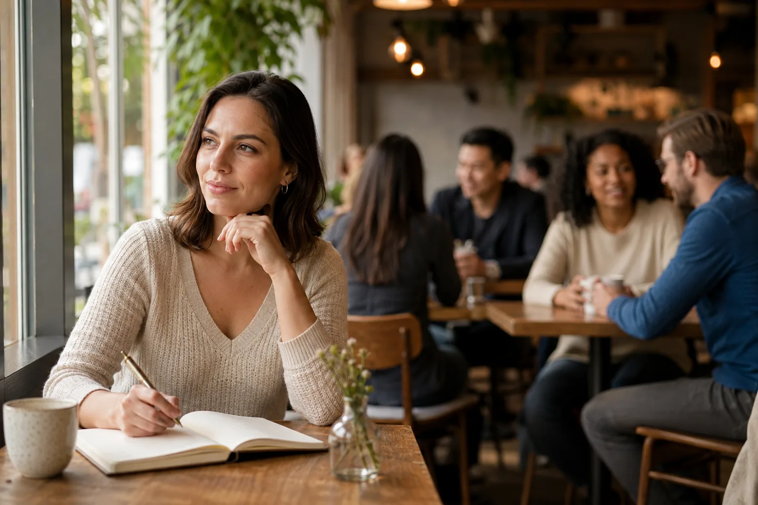 A woman journals about relationship values in a bright cafe with people connecting behind her