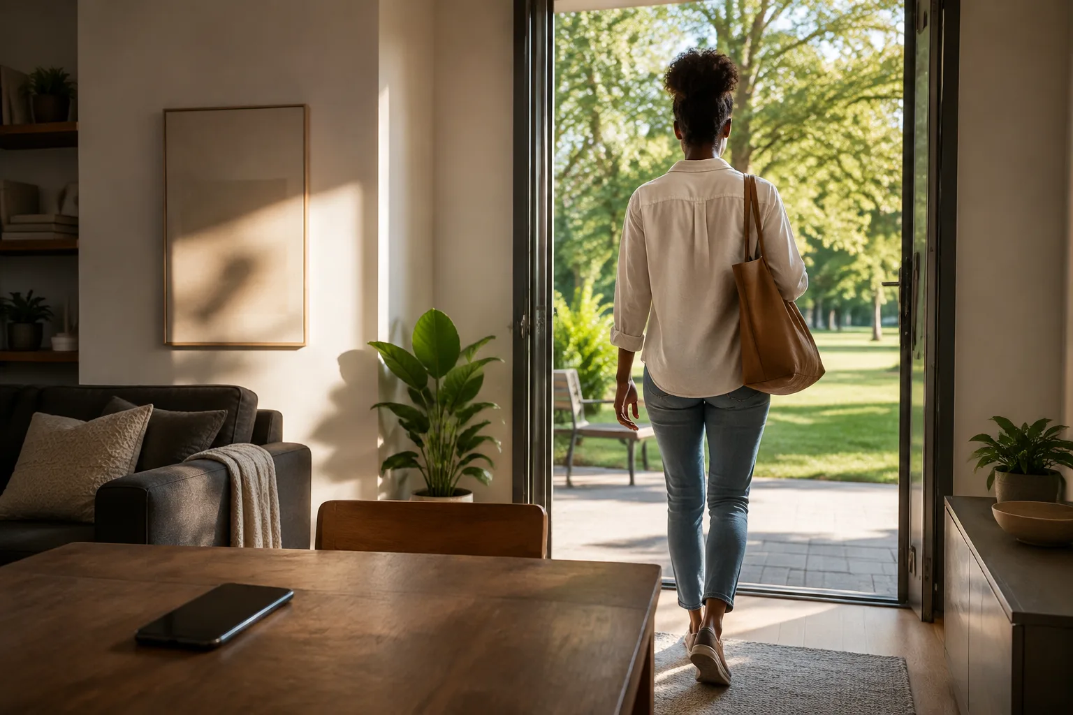 A woman walks into a sunny park while leaving her phone face-down at home