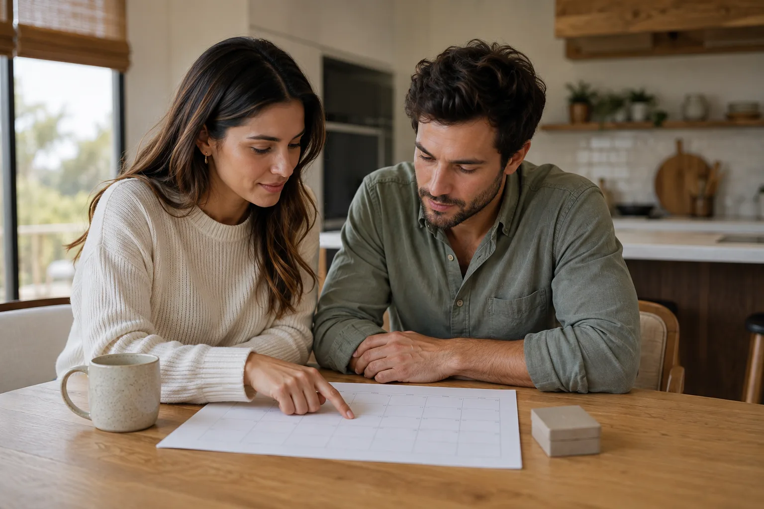 A couple calmly reviews a blank calendar beside a closed ring box at a kitchen table