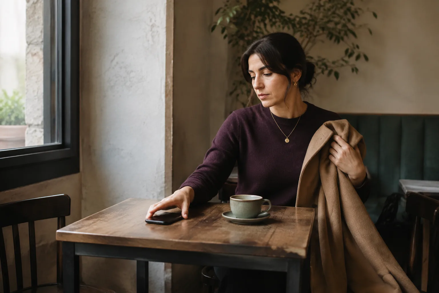 A woman leaves an unused cafe chair and moves her phone away