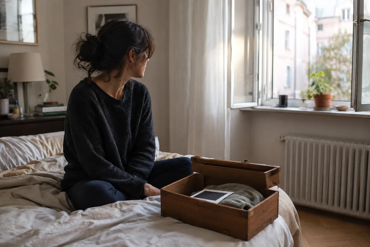 A woman sits beside a memory box while looking toward the life outside her window