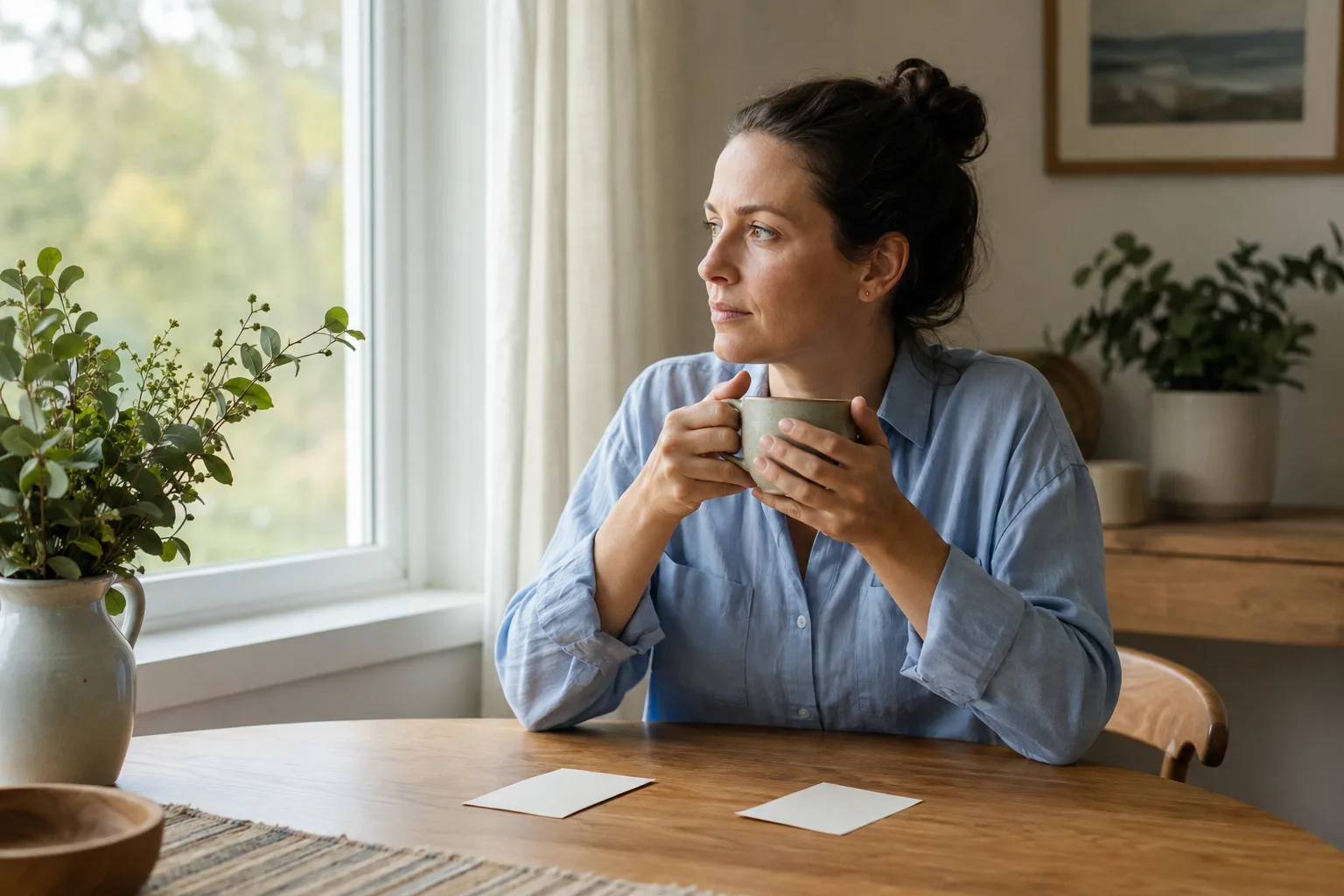 A woman grounds herself with tea and two blank note cards after discovering infidelity