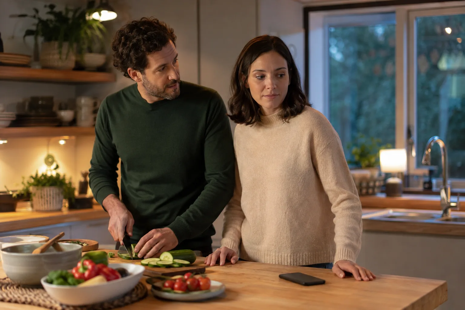 A steady couple prepares dinner while one partner reflects on trust
